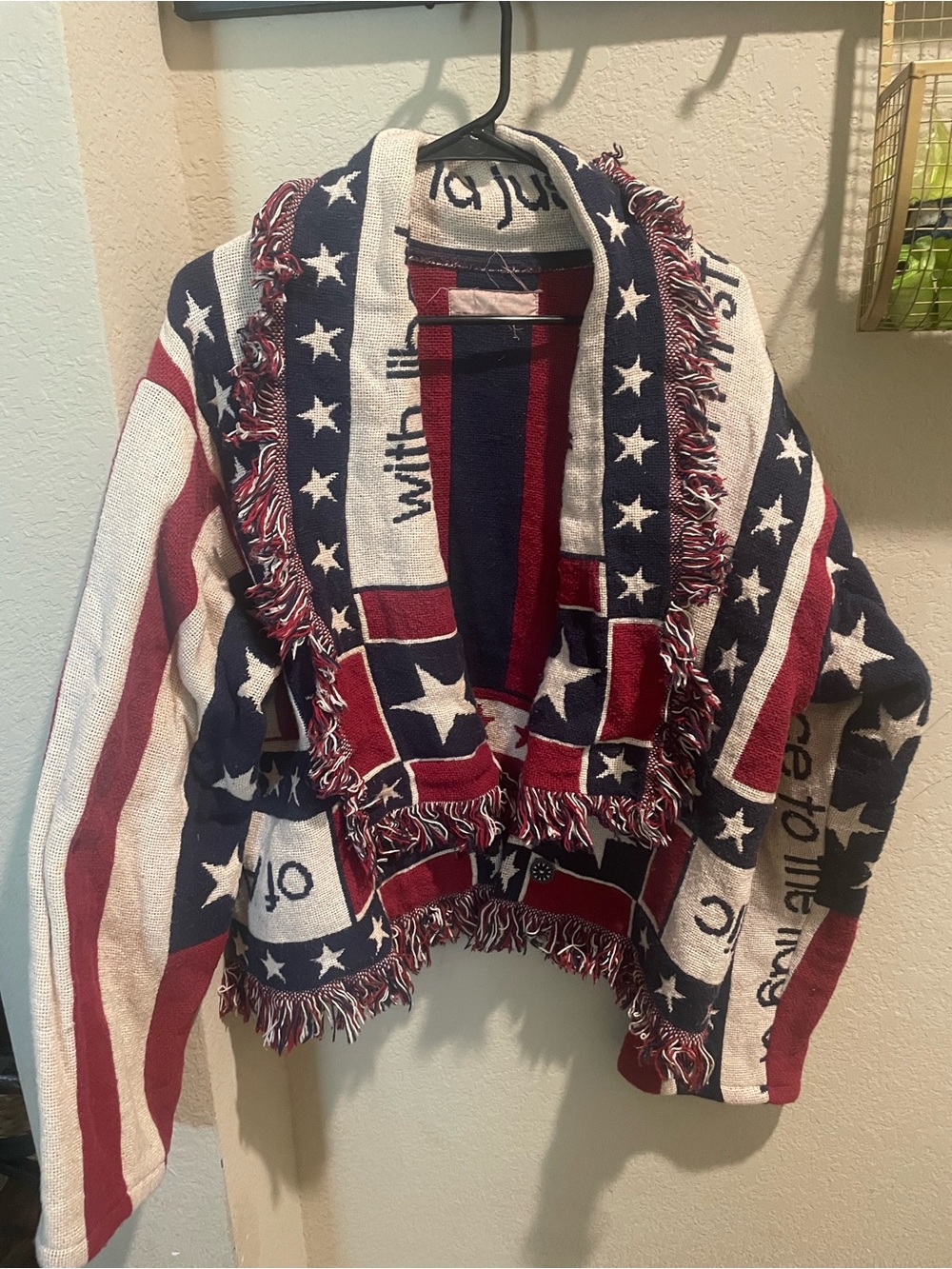 Fringed American Flag Graphic Cardigan - Red, White & Blue made from old blanket